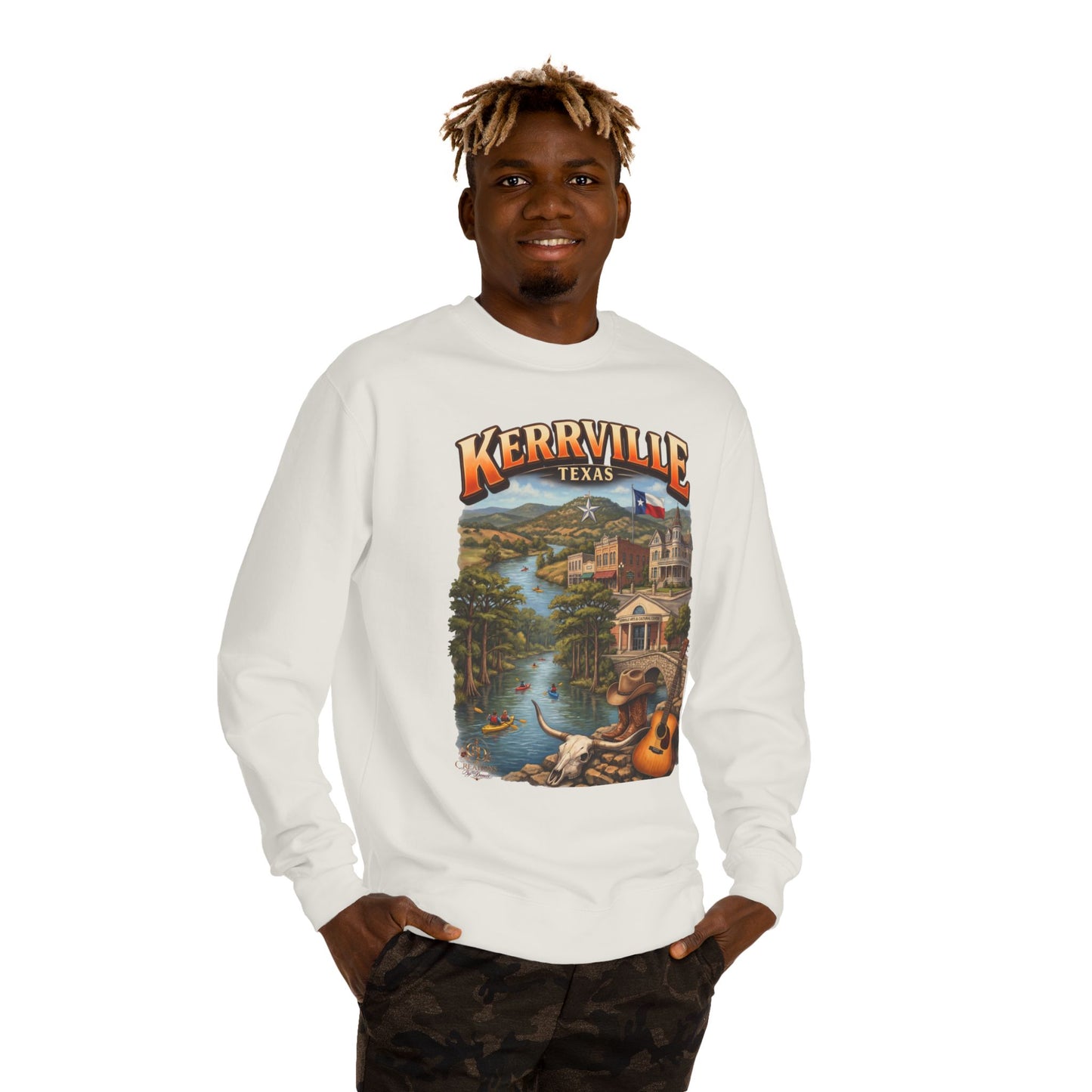 Kerrville Texas Scenic Crewneck Sweatshirt — Riverfront Guitar Vintage Design
