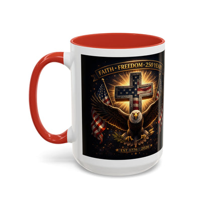 Patriotic Faith & Freedom Accent Coffee Mug — Eagle, Cross & American Flag (1776–2026)