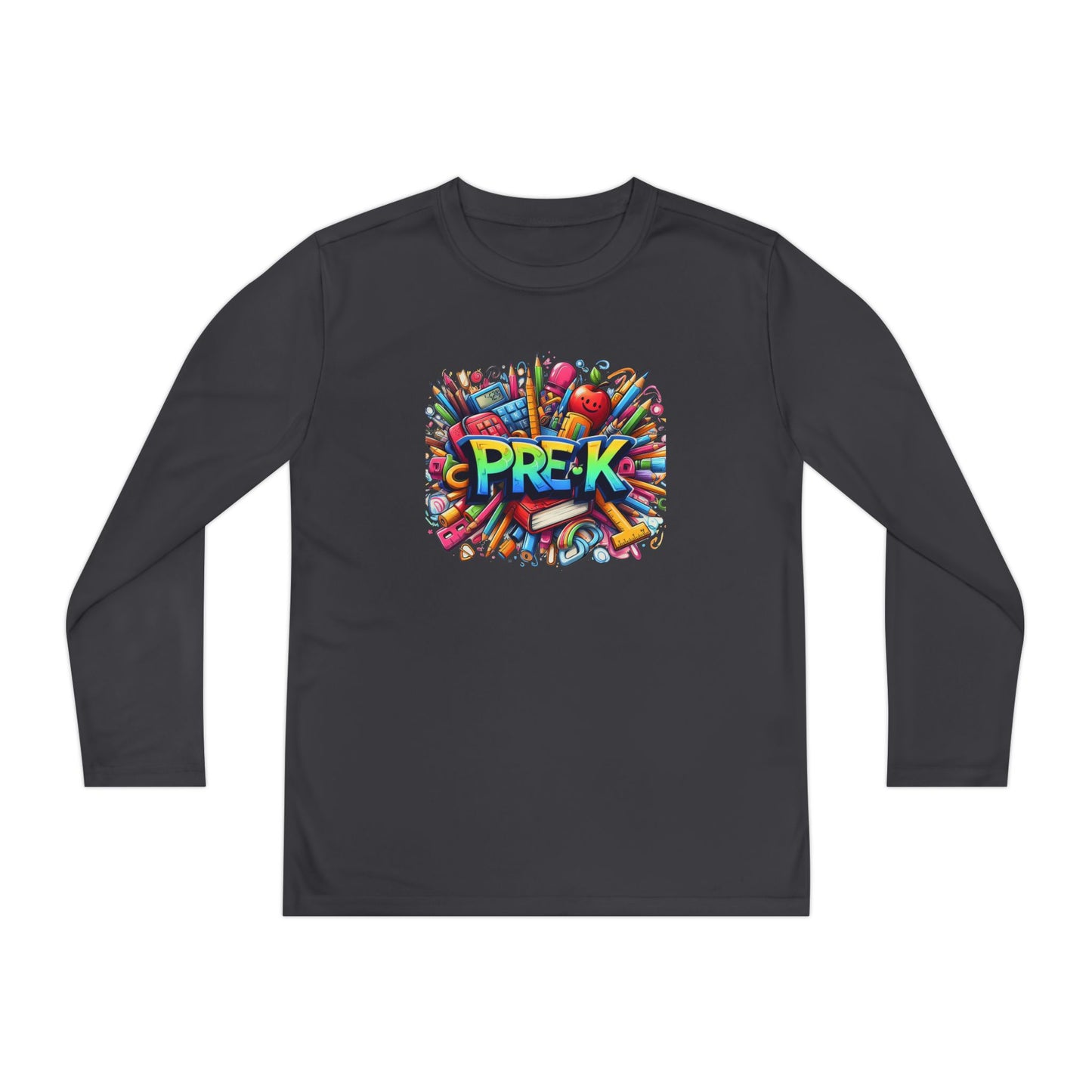 PRE-K Youth Long Sleeve Tee — Colorful School Supplies Design
