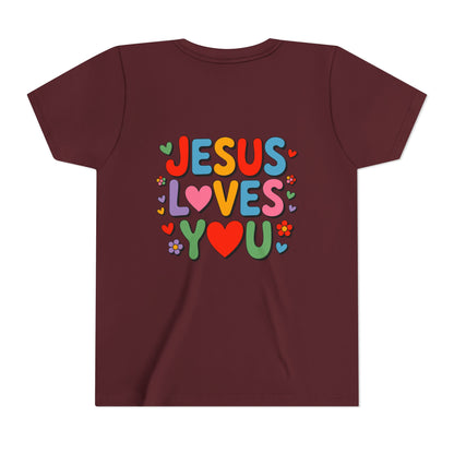 Youth Tee - "Jesus Loves You" Colorful Heart & Flower Christian Shirt