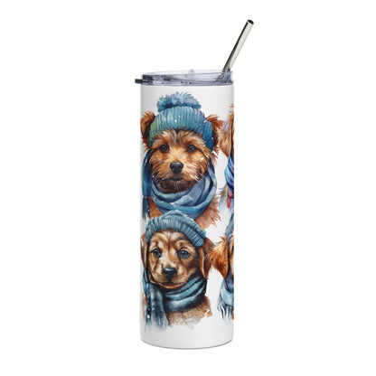20oz Winter Puppy Stainless Steel Tumbler - Cute Dogs with Scarves & Beanies