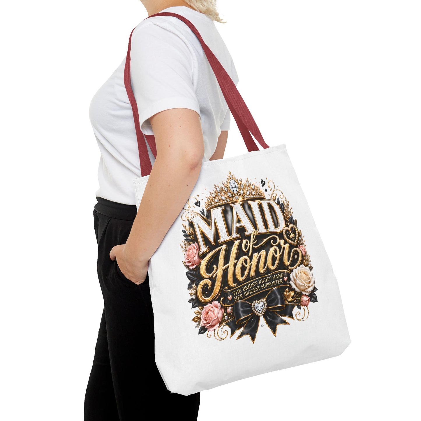 Maid of Honor Tote Bag — Elegant Bridal Party Gift with Gold Crown Floral Design