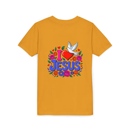Youth Tee — "I  Jesus" Colorful Dove & Floral Christian Shirt
