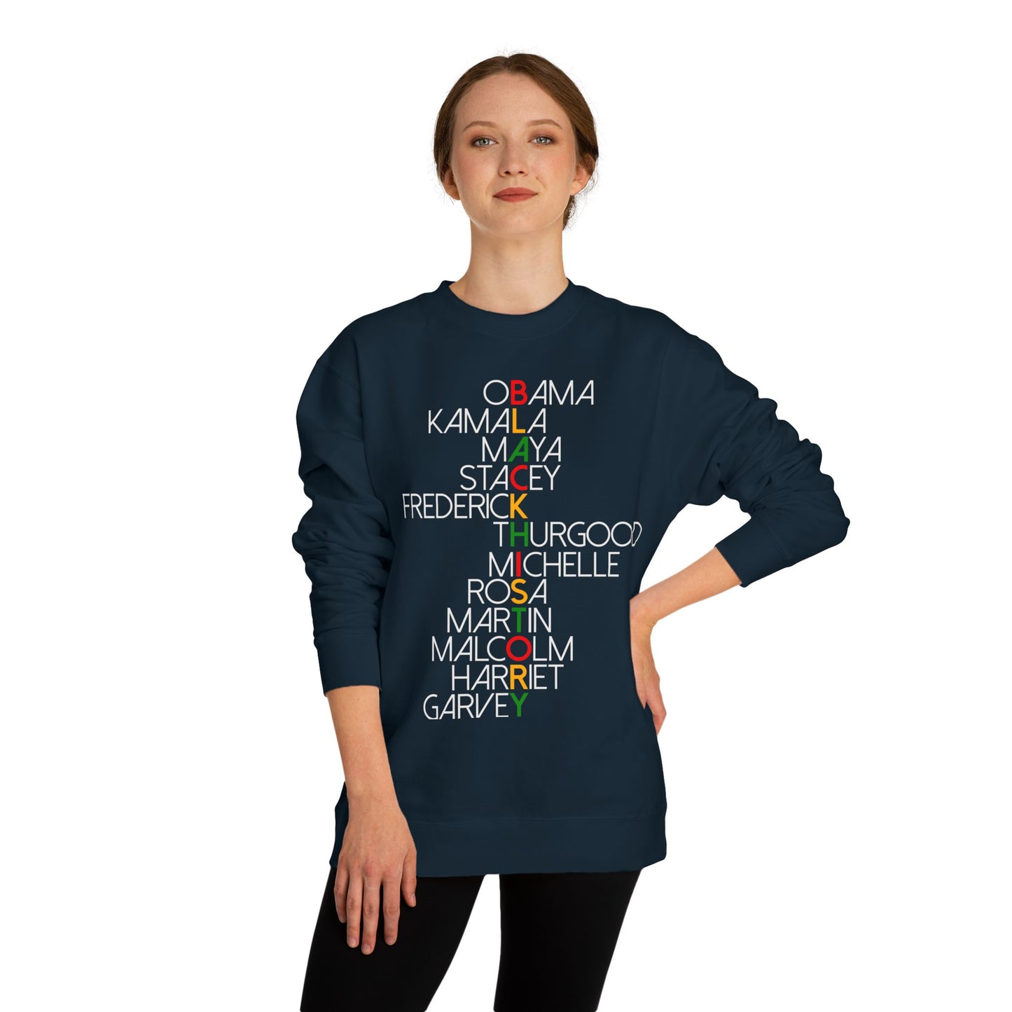 Black History Leaders Crewneck Sweatshirt — Names of Influential Black Figures (Obama, Kamala, Maya, MLK)