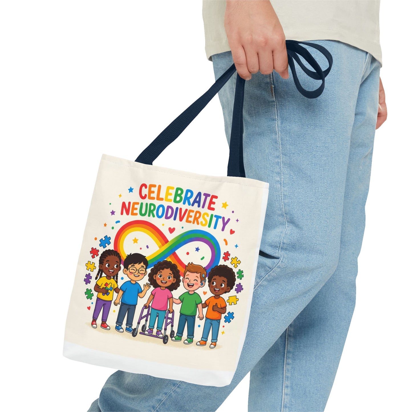 Celebrate Neurodiversity Tote Bag — Rainbow Infinity Symbol with Diverse Kids