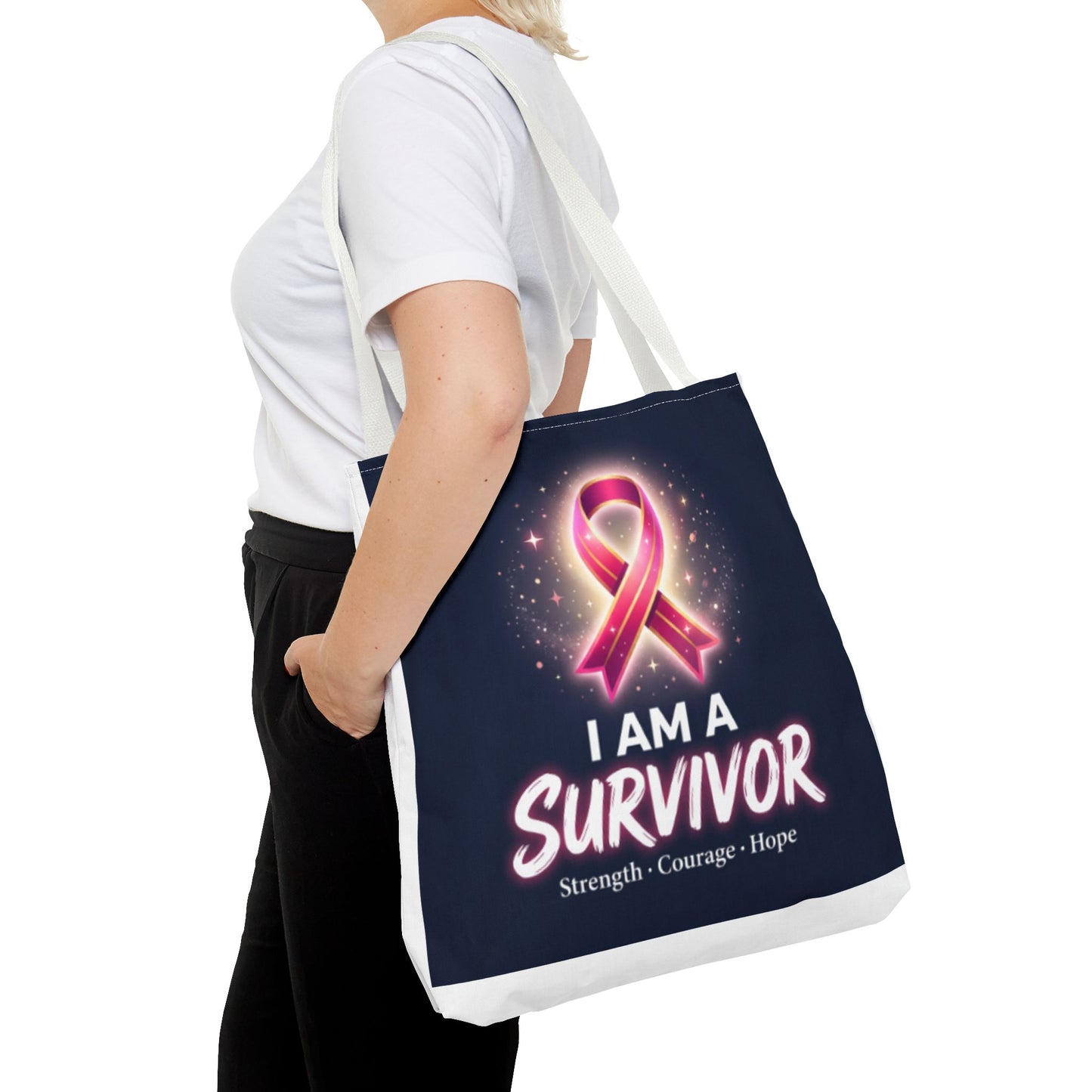 Survivor Ribbon Tote Bag — "I Am A Survivor" Breast Cancer Awareness Tote