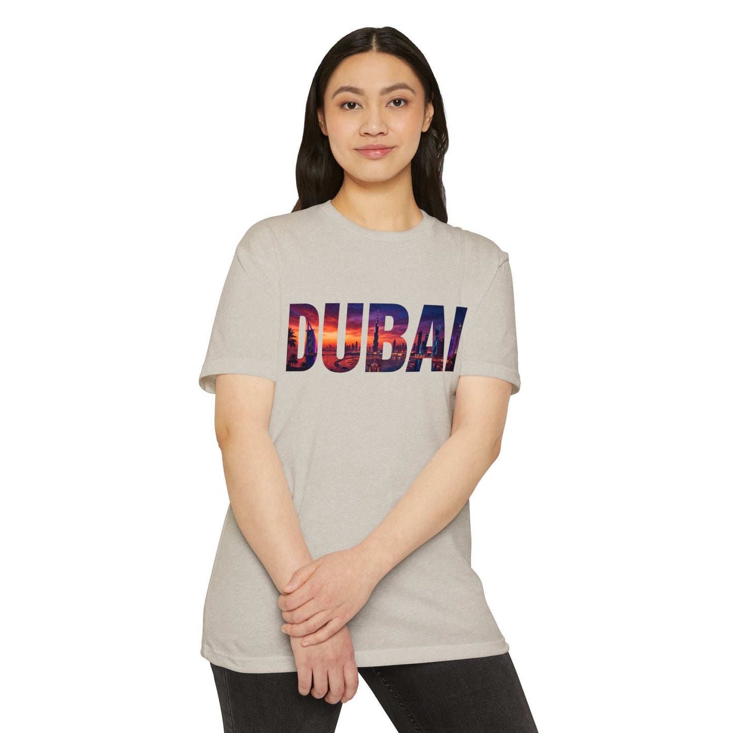 Dubai Cityscape T‑Shirt — Sunset Skyline Text Travel Tee