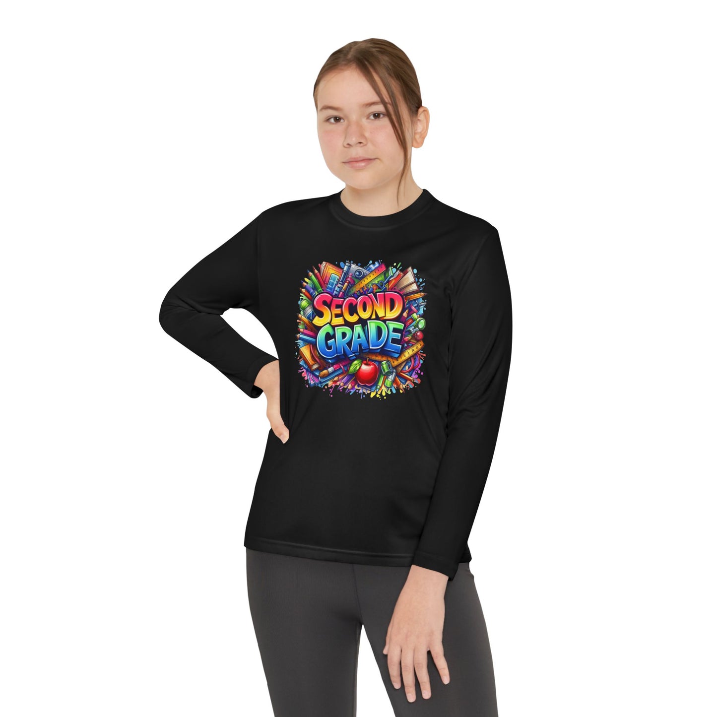 Second Grade Youth Long Sleeve Tee — Colorful School Supplies Back-to-School Shirt