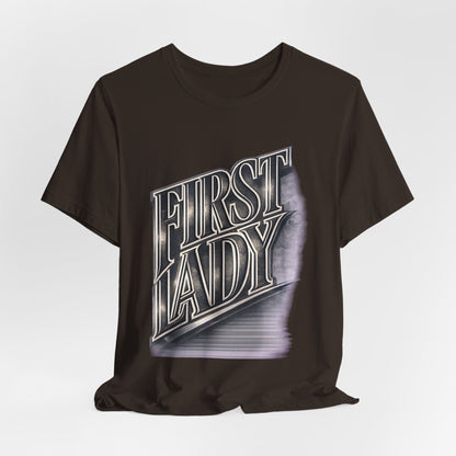 First Lady Graphic Tee — Retro Metallic Script Short Sleeve Shirt