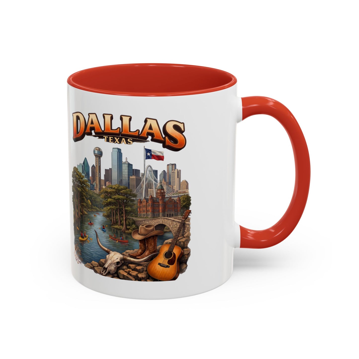 Dallas Skyline Accent Coffee Mug — Texas Souvenir Mug with Guitar & Cityscape