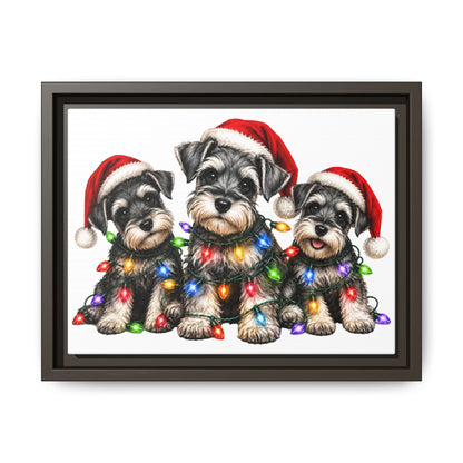 Christmas Schnauzer Canvas Print — Festive Puppies in Santa Hats (Matte Framed)
