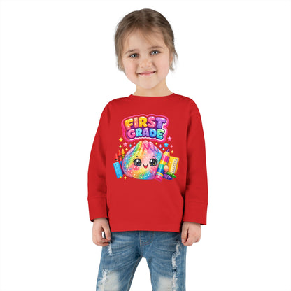 First Grade Toddler Long Sleeve Tee — Colorful Back-to-School Rainbow Crayon Design