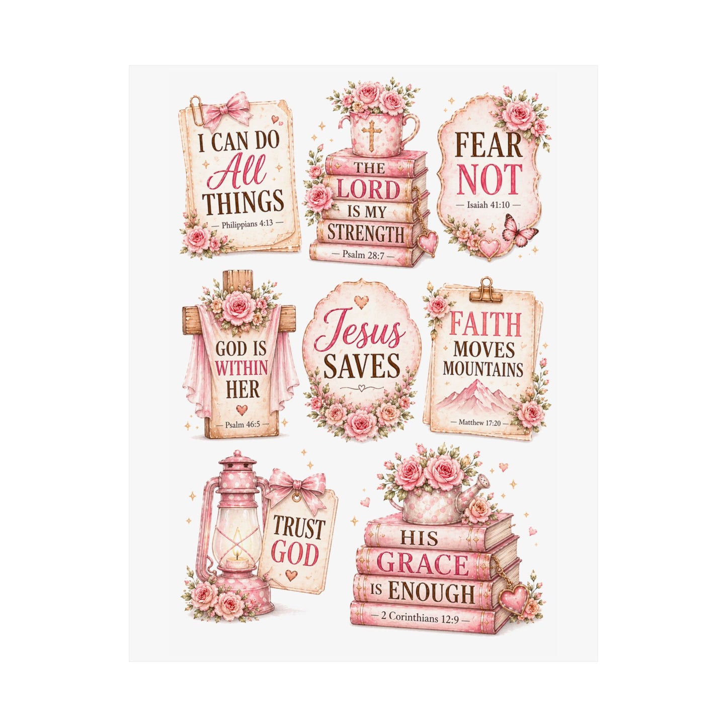 Christian Scripture Matte Poster - Floral 'Jesus Saves' & Encouraging Verses (Vertical)