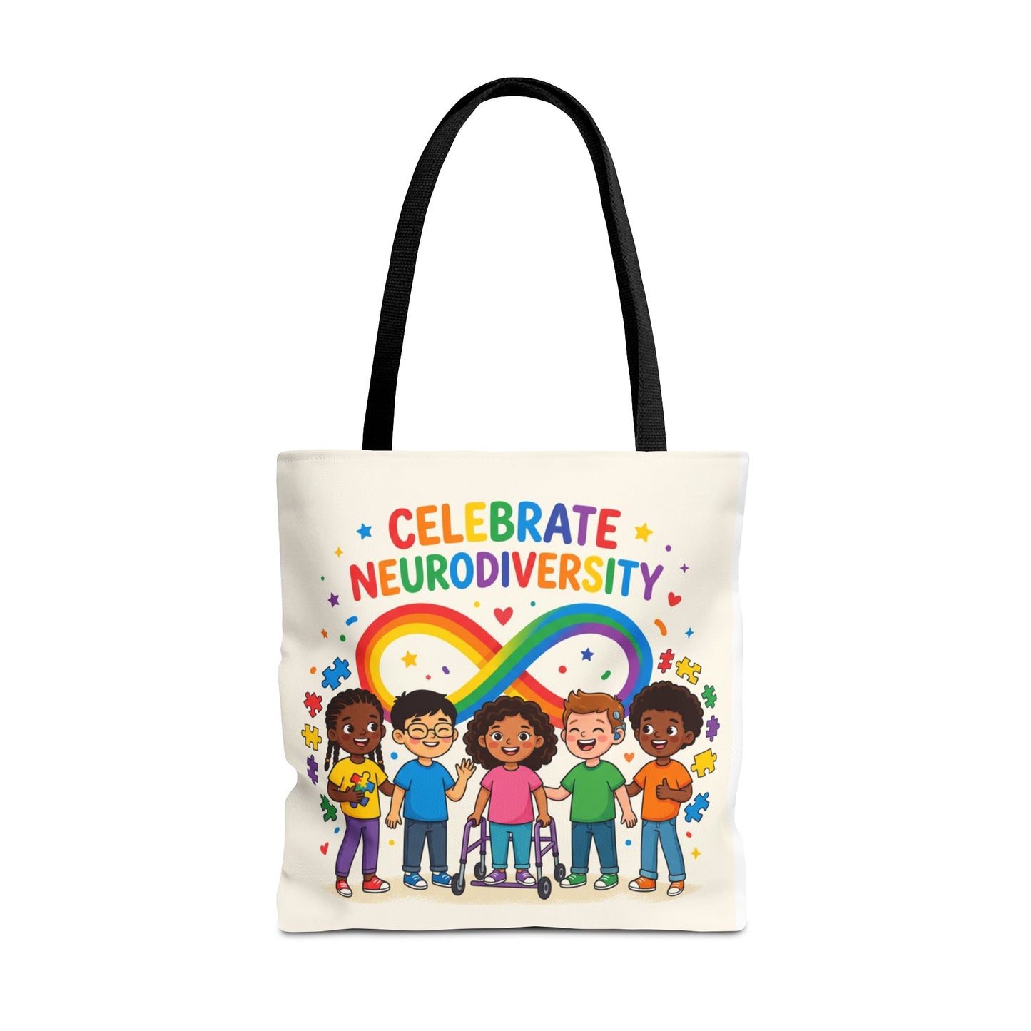 Celebrate Neurodiversity Tote Bag — Rainbow Infinity Symbol with Diverse Kids