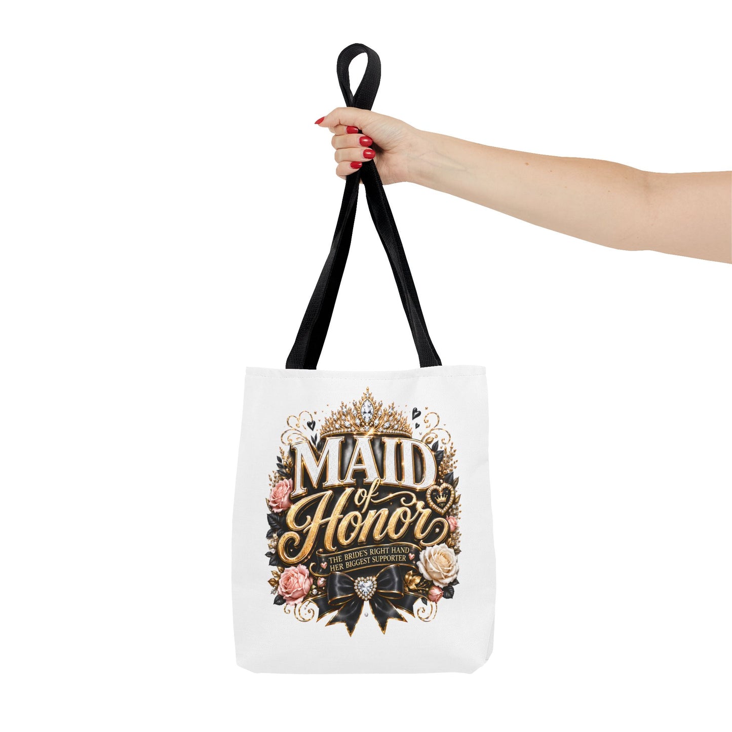 Maid of Honor Tote Bag — Elegant Bridal Party Gift with Gold Crown Floral Design
