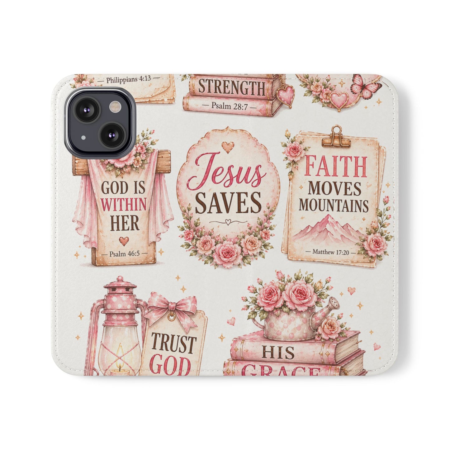 Christian Floral Phone Flip Case — "Jesus Saves" & Inspirational Scripture Wallet Cover