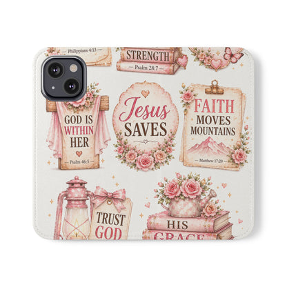Christian Floral Phone Flip Case — "Jesus Saves" & Inspirational Scripture Wallet Cover