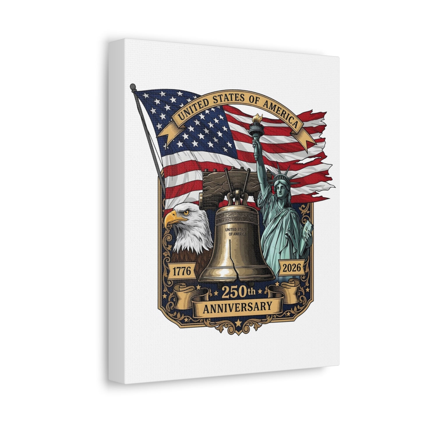 250th Anniversary USA Canvas Wall Art – Liberty Bell, Eagle & Flag Stretched Canvas