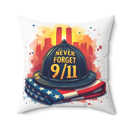 Never Forget 9/11 Memorial Throw Pillow — Firefighter Helmet & American Flag