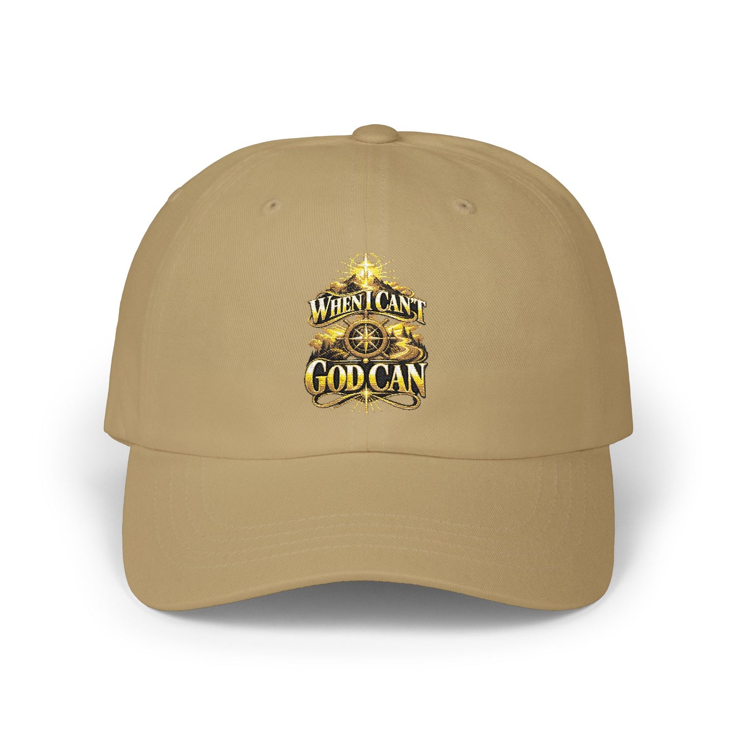 Dad Cap — Vintage Gold Crest "When I Can, God Can" Embroidered Hat