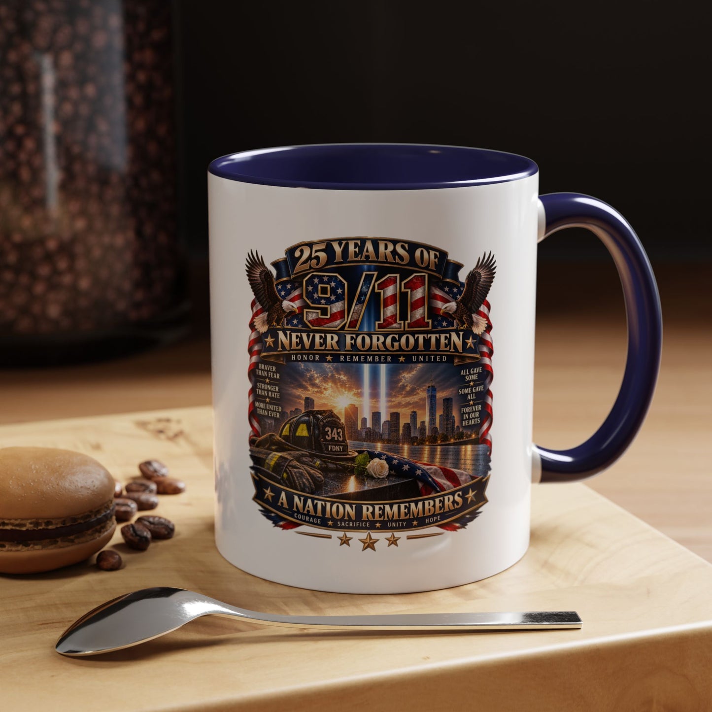 9/11 Memorial Coffee Mug — "25 Years of Never Forgotten" Patriot Tribute