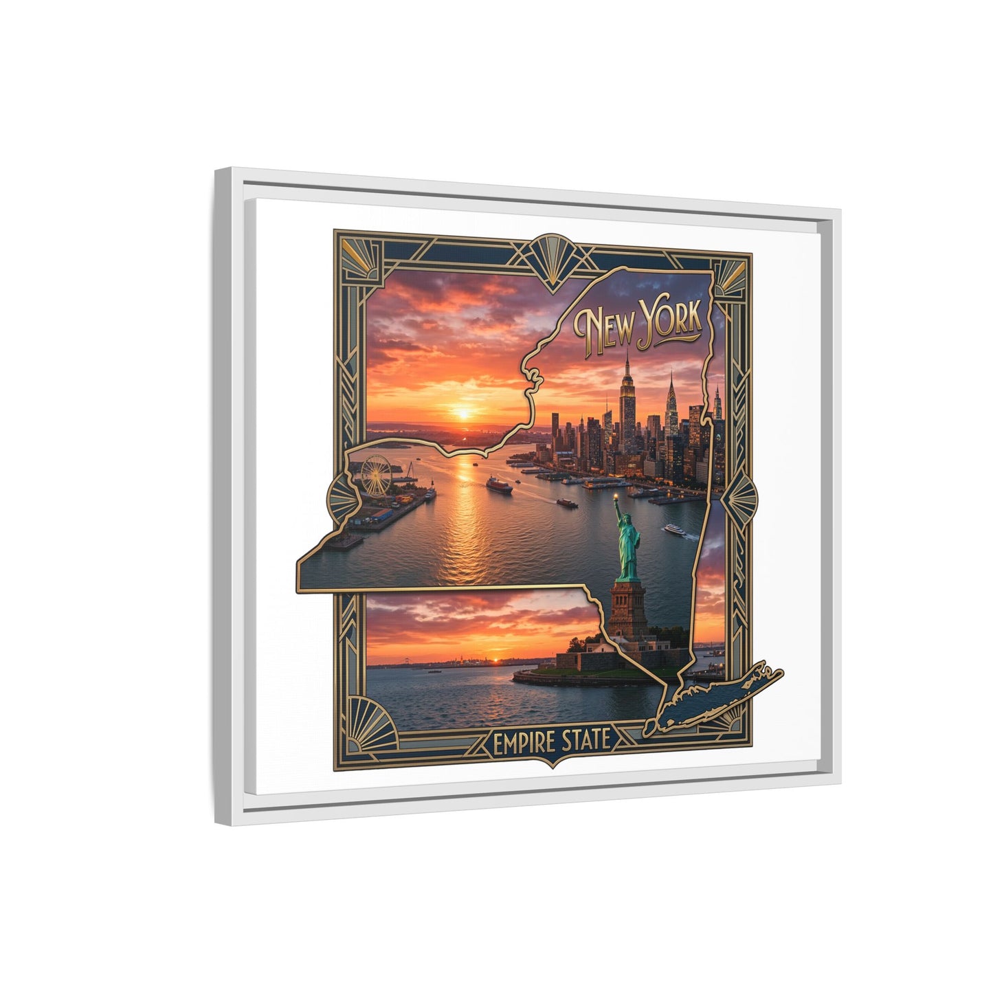 Framed Matte Canvas Wall Art — New York City Sunset Skyline with Statue of Liberty