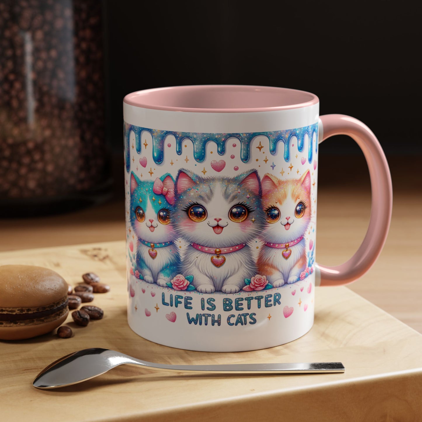 Life Is Better With Cats Accent Coffee Mug — Cute Pastel Kawaii Cat Trio (11/15oz)