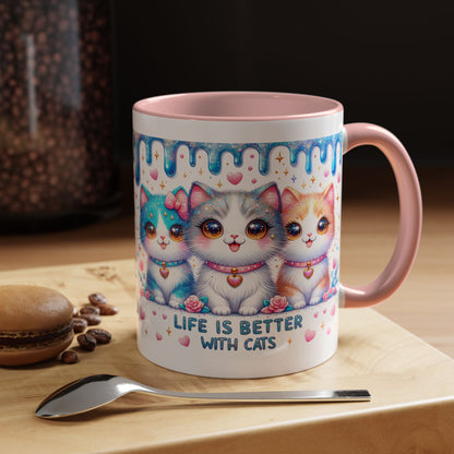 Life Is Better With Cats Accent Coffee Mug — Cute Pastel Kawaii Cat Trio (11/15oz)