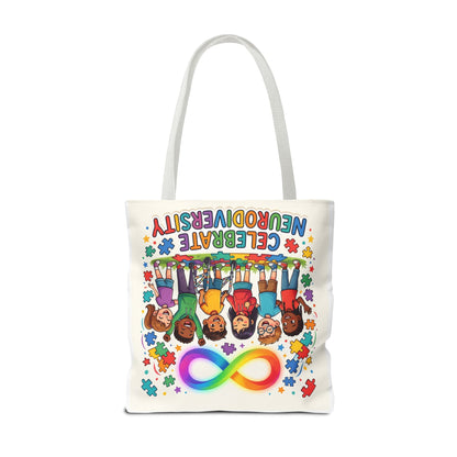 Celebrate Neurodiversity Tote Bag — Rainbow Infinity Symbol & Kids Design