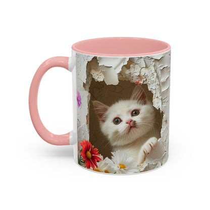 Peek-A-Boo Kitten Accent Coffee Mug — Cute Cat Floral Design (11/15oz)