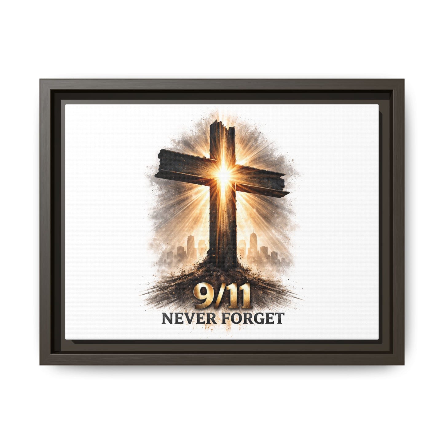 9/11 Never Forget Framed Canvas Wall Art — Memorial Cross Tribute