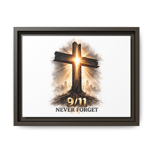 9/11 Never Forget Framed Canvas Wall Art — Memorial Cross Tribute