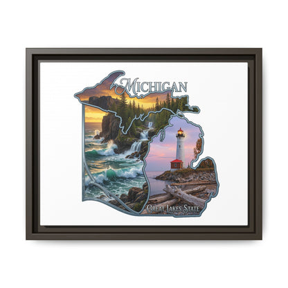 Michigan Framed Canvas Wall Art — Great Lakes State Lighthouse & Shoreline Print