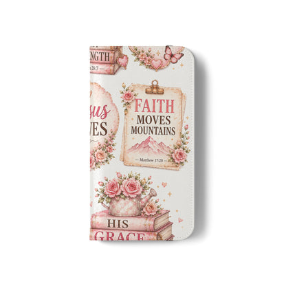 Christian Floral Phone Flip Case — "Jesus Saves" & Inspirational Scripture Wallet Cover