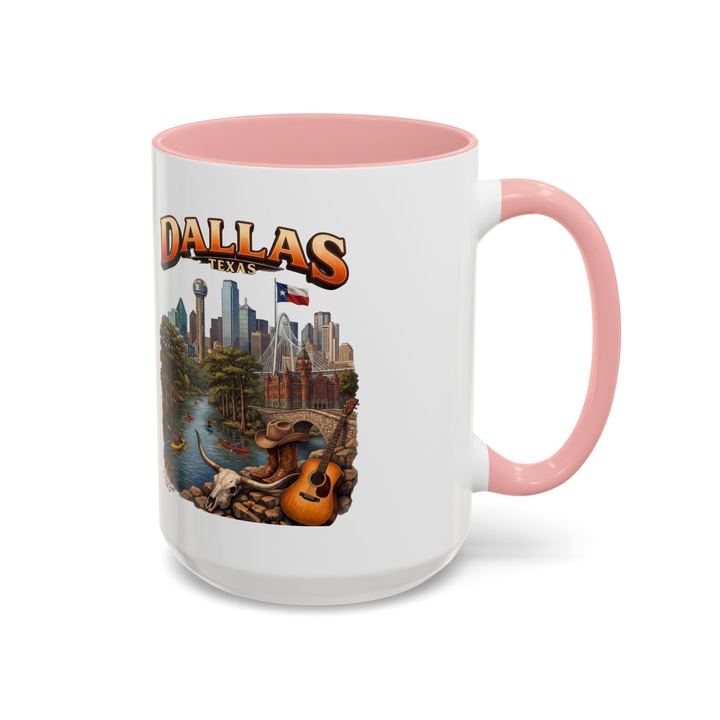 Dallas Skyline Accent Coffee Mug — Texas Souvenir Mug with Guitar & Cityscape