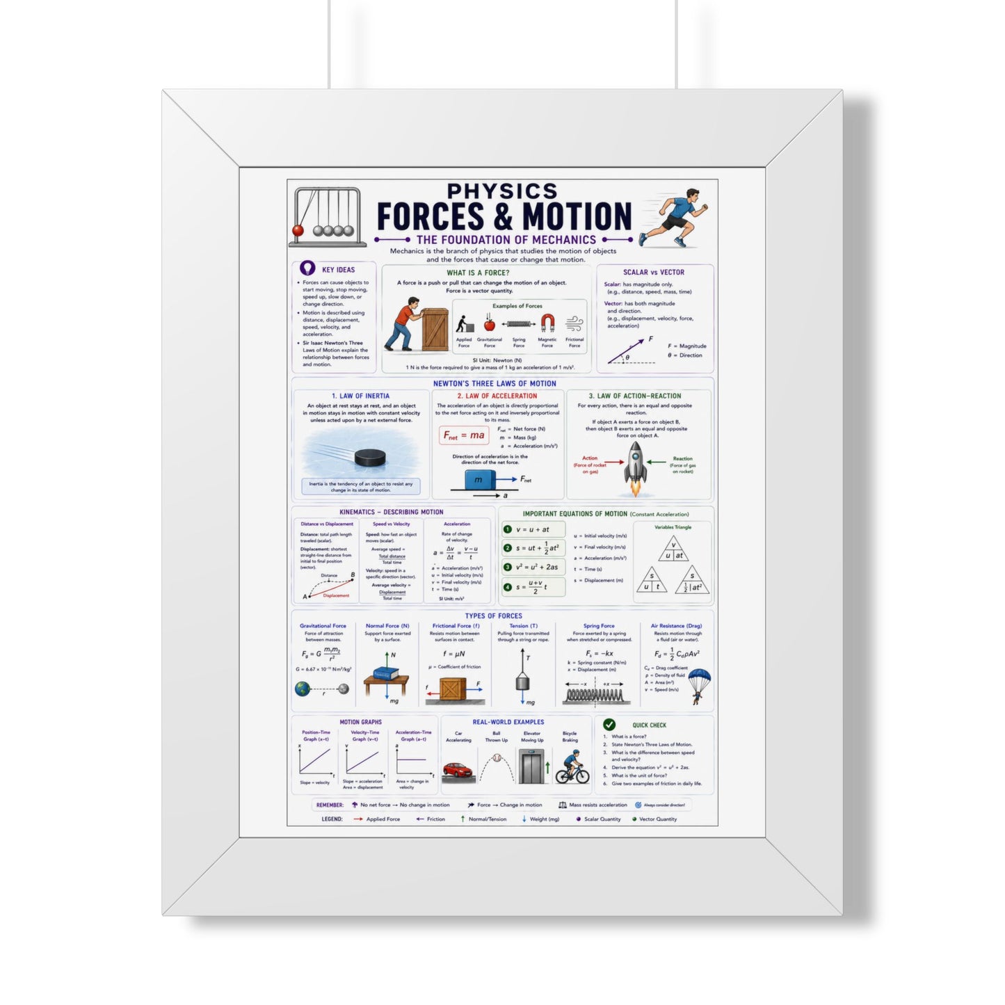 Forces & Motion Physics Poster — Framed Educational Chart