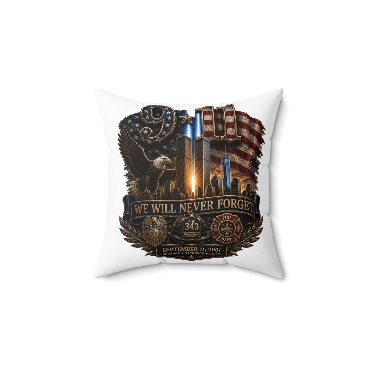 9/11 Memorial Square Pillow — "We Will Never Forget" Tribute