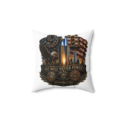 9/11 Memorial Square Pillow — "We Will Never Forget" Tribute