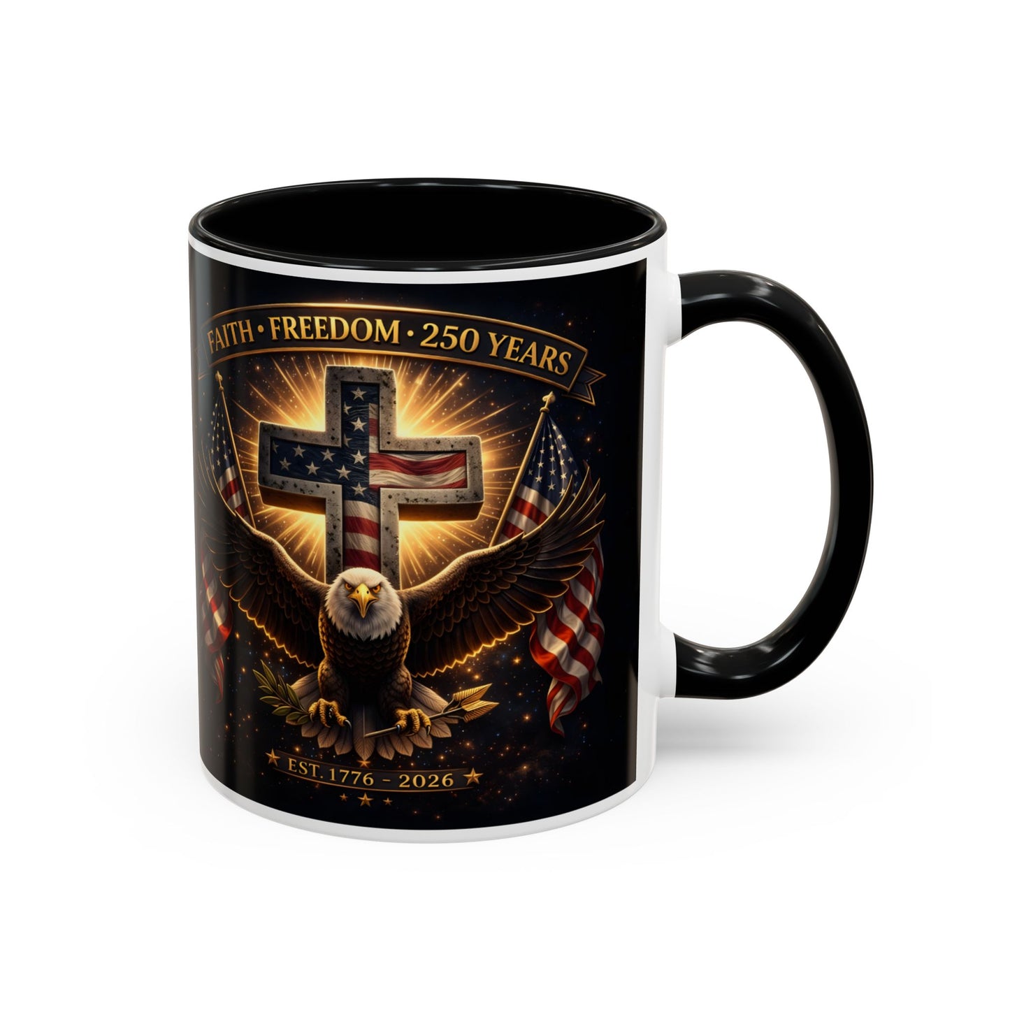 Patriotic Faith & Freedom Accent Coffee Mug — Eagle, Cross & American Flag (1776–2026)