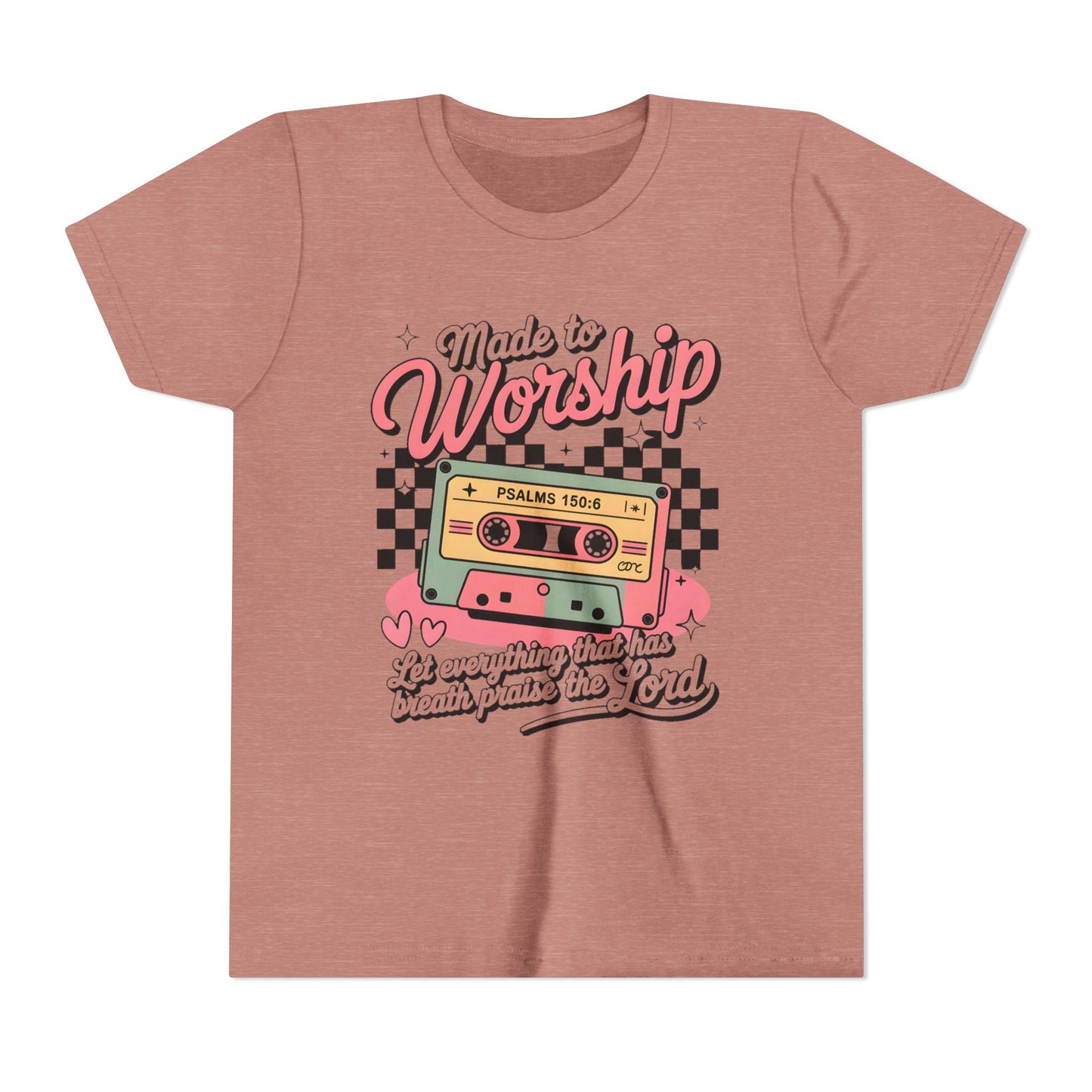 Made to Worship Youth Tee – Retro Cassette Christian Kids Shirt (Psalms 100:4)