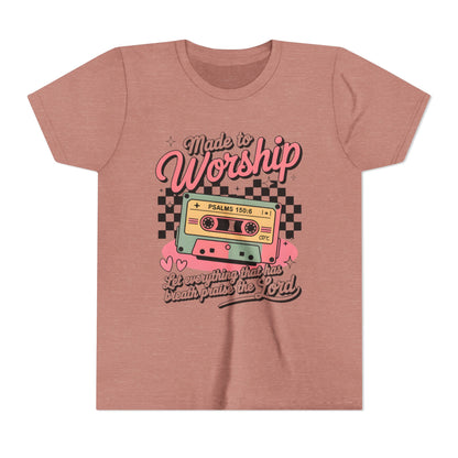 Made to Worship Youth Tee – Retro Cassette Christian Kids Shirt (Psalms 100:4)