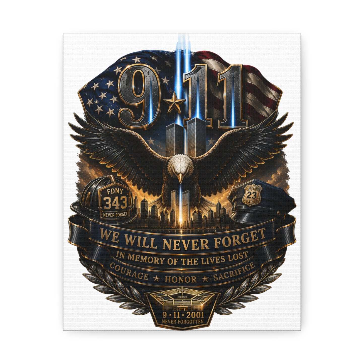 9/11 Memorial Stretched Canvas – We Will Never Forget Tribute Wall Art