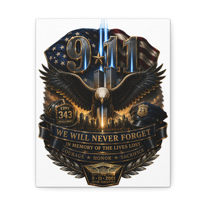 9/11 Memorial Stretched Canvas – We Will Never Forget Tribute Wall Art