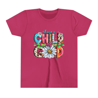 Youth Tee — "I Am a Child of God" Floral Christian Graphic