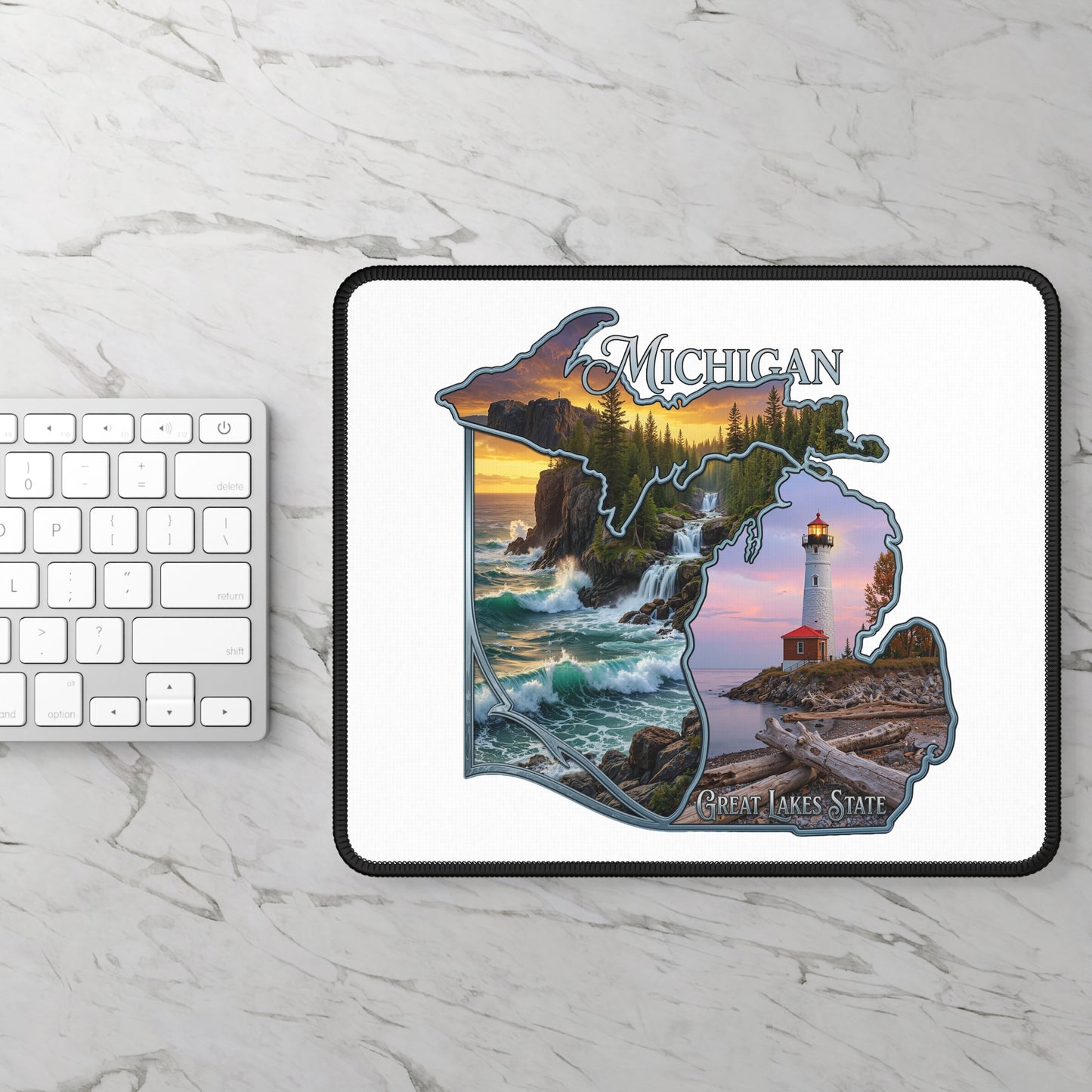 Michigan Scenic Map Gaming Mouse Pad — Great Lakes State Lighthouse Design