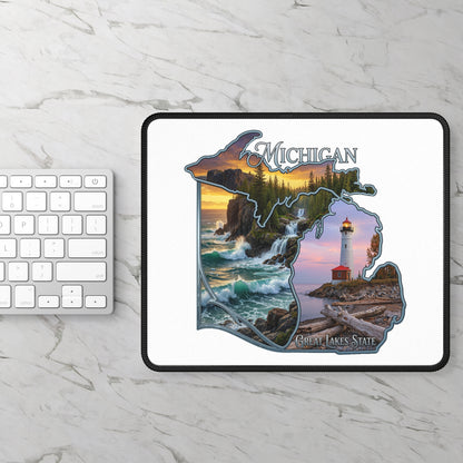 Michigan Scenic Map Gaming Mouse Pad — Great Lakes State Lighthouse Design