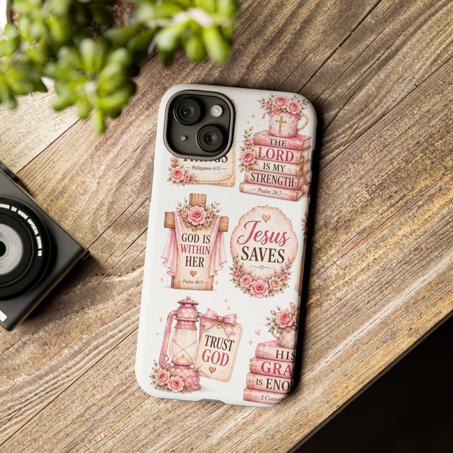 Christian Phone Case — Jesus Saves Floral Tough Case with 'God Is Within Her' & 'Trust God' Design