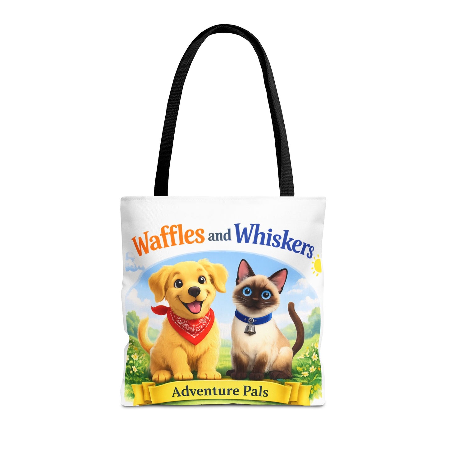 Waffles & Whiskers Adventure Pals Tote Bag — Cute Puppy and Kitten Kids Book Design