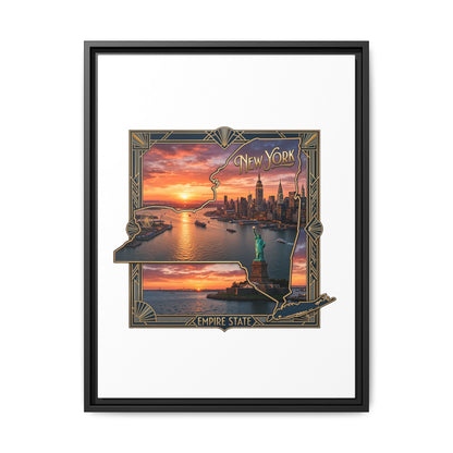 Framed Matte Canvas Wall Art — New York City Sunset Skyline with Statue of Liberty