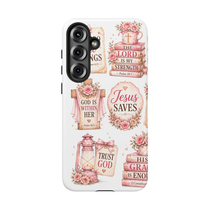 Christian Phone Case — Jesus Saves Floral Tough Case with 'God Is Within Her' & 'Trust God' Design